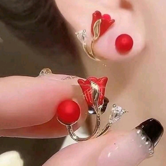 Elegant Red Rose & Faux Pearl Rhinestone Earrings New! - Picture 6 of 9